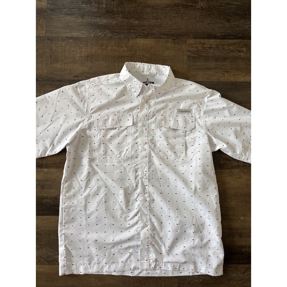 Habit Shirt Mens Large White Red Blue Fish Star Short Sleeve Solar Factor July